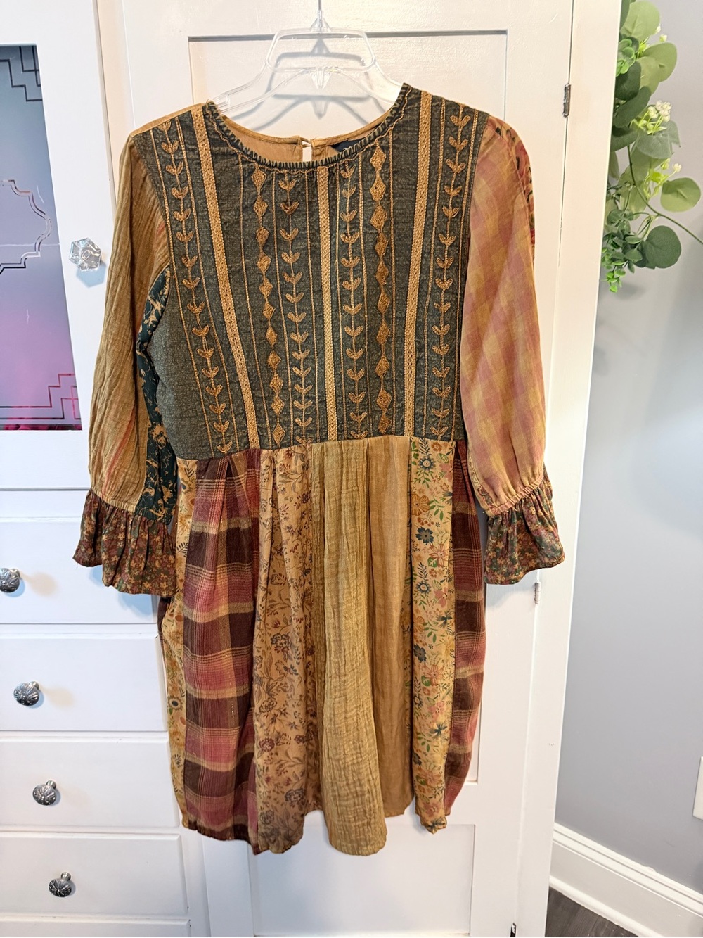 Boho Patchwork Casual Midi Dress in Mustard and Burgundy